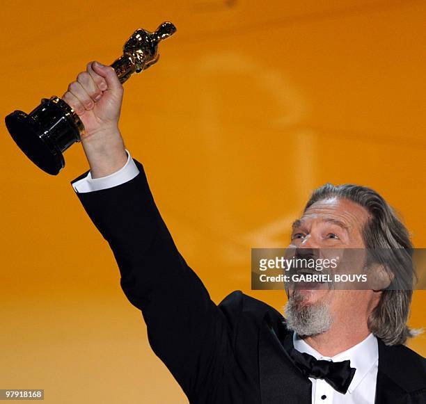 Winner for Actor in a Leading Role Jeff Bridges gestures as he gives his acceptance speech at the 82nd Academy Awards at the Kodak Theater in...