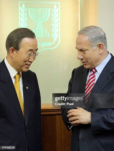 United Nations Secretary General Ban Ki-Moon meets with Israeli Prime Minister Benjamin Netanyahu in the Israeli leader's Jerusalem offices on March...