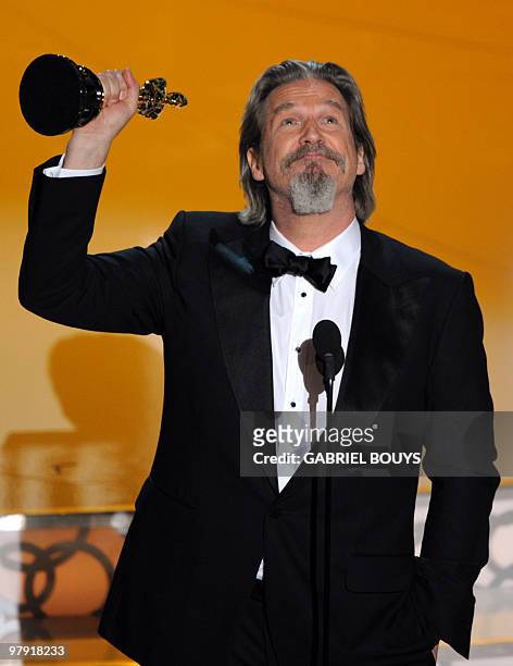 Winner for Actor in a Leading Role Jeff Bridges gestures as he gives his acceptance speech at the 82nd Academy Awards at the Kodak Theater in...