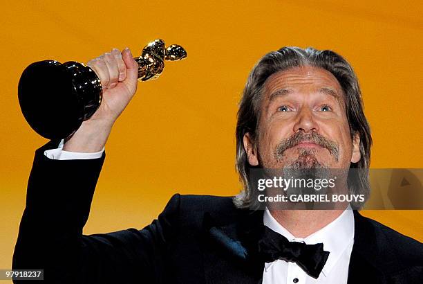 Winner for Actor in a Leading Role Jeff Bridges gestures as he gives his acceptance speech at the 82nd Academy Awards at the Kodak Theater in...