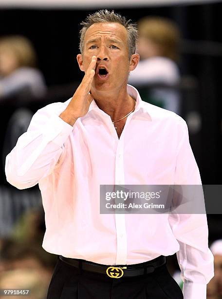 New head coach Aaron McCarthy of Trier gestures during the Beko BBL basketball match between TBB Trier and EWE Baskets Oldenburg at the Arena on...