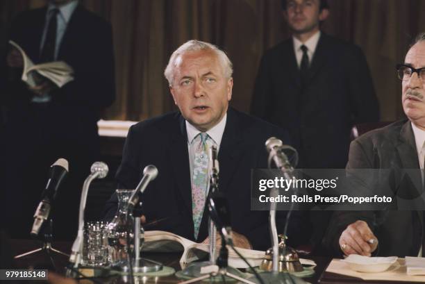 British Labour Party politician and Prime Minister of the United Kingdom, Harold Wilson holds a press conference at Transport House, headquarters of...