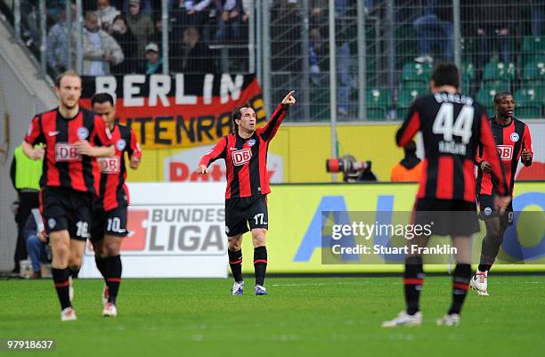 Theofanis Gekas of Berlin celebrates after scoring his team's third goal during the Bundesliga match between VfL Wolfsburg and Hertha BSC Berlin at...