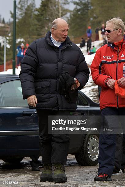 King Harald V of Norway arrives at the E.On Ruhrgas IBU Biathlon World Cup competition on March 21, 2010 in Holmenkollen, Norway.