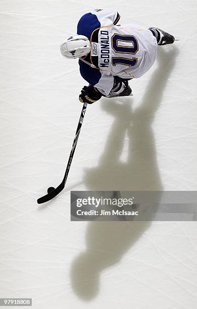 Andy McDonald of the St. Louis Blues warms up before playing against the New Jersey Devils at the Prudential Center on March 20, 2010 in Newark, New...