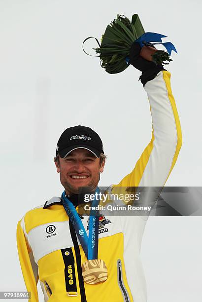 Gold medalist Gerd Schonfelder of Germany celebrates at the medal ceremony for the Men's Standing Super Combined during Day 9 of the 2010 Vancouver...