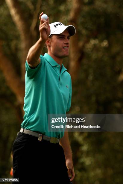 Rhys Davies of Wales celebrates as he holes the winning putt on the 18th green during the final round of the Hassan II Golf Trophy at Royal Golf Dar...