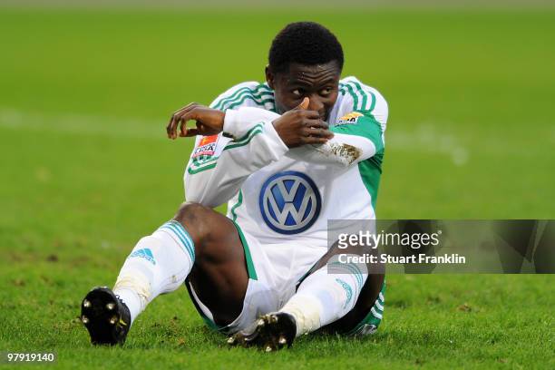 Obafemi Martins of Wolfsburg looks dejected during the Bundesliga match between VfL Wolfsburg and Hertha BSC Berlin at Volkswagen Arena on March 21,...