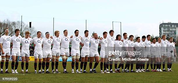 England line up for the national anthem during the France U20's v England U20's match at the Stade du Pre-Hembert on March 21, 2010 in Saint Nazaire,...