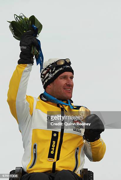 Gold medalist Martin Braxenthaler of Germany celebrates at the medal ceremony for the Men's Sitting Super Combined during Day 9 of the 2010 Vancouver...