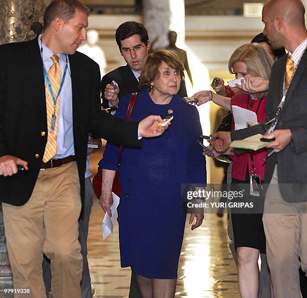 House Committee on Rules Chairwoman Louise Slaughter ,D-NY, talks to reporters as she arrives at the House Chamber to vote on health care on Capitol...