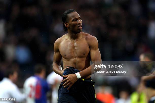 Didier Drogba of Chelsea leaves the pitch at the end of the Barclays Premier League match between Blackburn Rovers and Chelsea at Ewood Park on March...