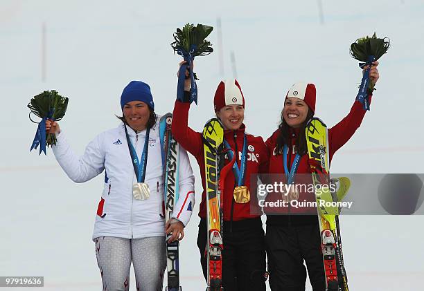 Gold medalist Lauren Woolstencroft of Canada celebrates with silver medalist Solene Jambaque of France and bronze medalist Karolina Wisniewska of...