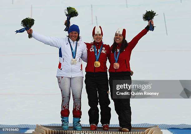 Gold medalist Lauren Woolstencroft of Canada celebrates with silver medalist Solene Jambaque of France and bronze medalist Karolina Wisniewska of...