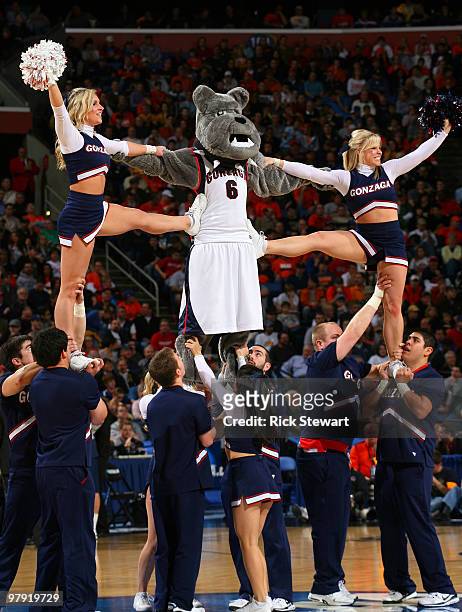 The Gonzaga Bulldogs mascot and cheerleaders perform during the second round of the 2010 NCAA men's basketball tournament at HSBC Arena at HSBC Arena...