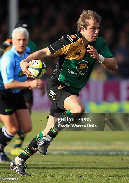 Stephen Myler of Northampton Saints races upfield during the LV Anglo Welsh Cup Final between Gloucester v Northampton Saints at Sixways Stadium on...