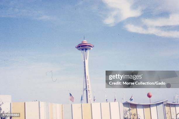 View of facing north of the Space Needle observation tower, as seen from Broad Street outside the entrance to the Seattle World's Fair 21st Century...