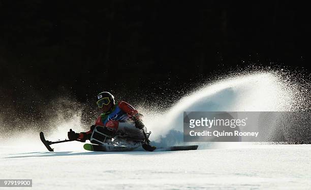Taiki Morii of Japan competes during the Men's Sitting Super Combined Super-G during Day 9 of the 2010 Vancouver Winter Paralympics at Whistler...