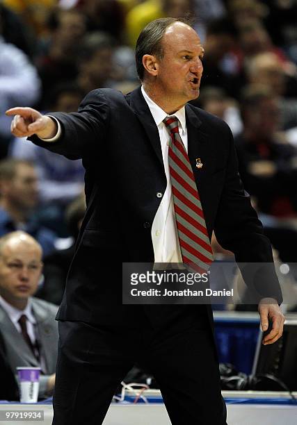 Head coach Thad Matta of the Ohio State Buckeyes calls out in the first half against the Georgia Tech Yellow Jackets during the second round of the...