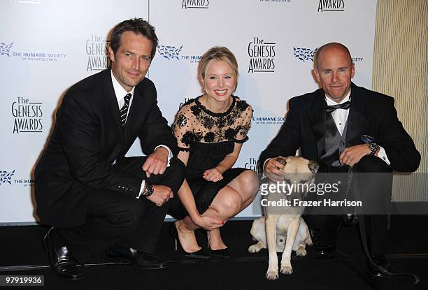 Actor Michael Vartan, Kristen Bell,Nubs and Major Brian Dennis pose in the Press Room at the 24th Genesis Awards held at the Beverly Hilton Hotel on...