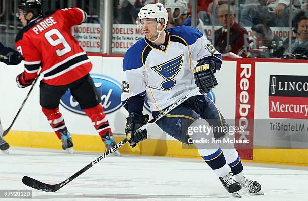 Brad Boyes of the St. Louis Blues skates against the New Jersey Devils at the Prudential Center on March 20, 2010 in Newark, New Jersey. The Blues...