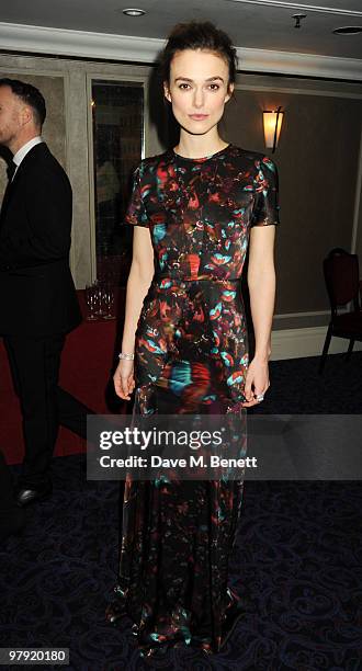 Keira Knightley attends The Laurence Olivier Awards, at the Grosvenor House Hotel on March 21, 2010 in London, England.