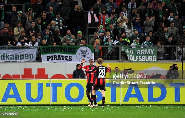 Ramos of Berlin celebrates scoring the his team's fifth goal with team mate Fabian Lustenberger during the Bundesliga match between VfL Wolfsburg and...