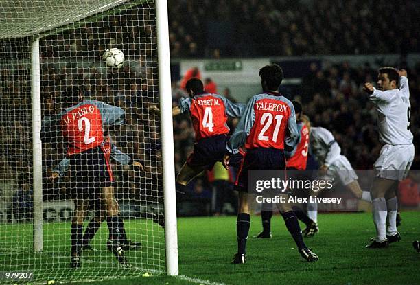 Rio Ferdinand of Leeds scores during the match between Leeds United and Deportivo La Coruna in the UEFA Champions League Quarter Final, First Leg at...