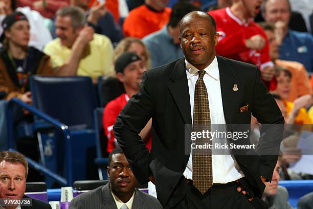 Head coach Mike Anderson of the Missouri Tigers looks on from the bench against the West Virginia Mountaineers during the second round of the 2010...