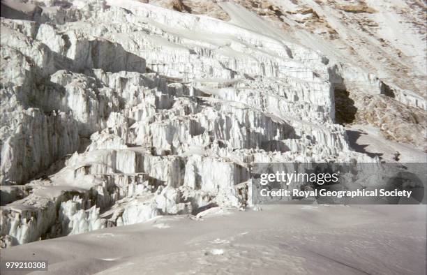 Ice formations in the Khumbu Glacier, Nepal, March 1953. Mount Everest Expedition 1953.