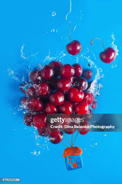 cherry balloons with a flying house. creative summer concept with a sky blue background and a hot air balloon made from fruits. - khabarovsk krai stockfoto's en -beelden