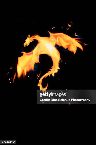 fire dragon made from candle flame on a black background. magical concept with copy space - dragón fotografías e imágenes de stock
