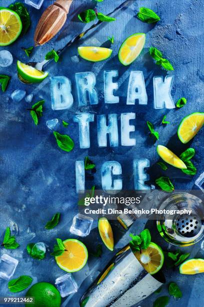 break the ice concept with cocktail ice, mint, lemons and a bar shaker. food photography flat lay on a stone background - barware stock pictures, royalty-free photos & images