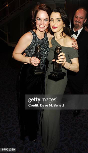 Ruth Wilson with her Best Supporting Actress Award and Rachel Weizs with her Best Actress Award attend The Laurence Olivier Awards, at the Grosvenor...