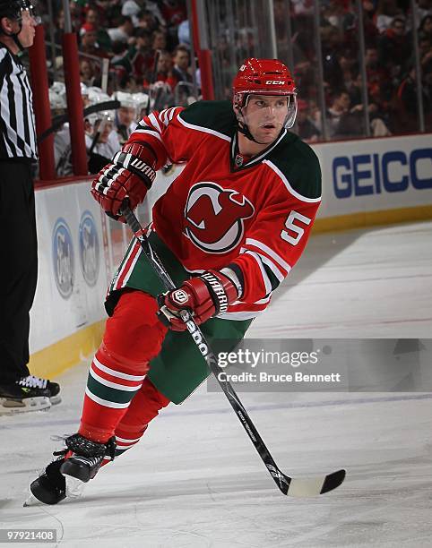 Colin White of the New Jersey Devils skates against the Pittsburgh Penguins at the Prudential Center on March 17, 2010 in Newark, New Jersey.