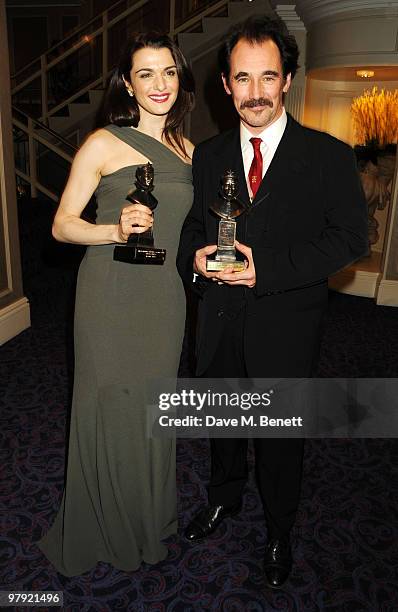 Rachel Weisz and Mark Rylance pose with their Best Actress Award and Best Actor Award during The Laurence Olivier Awards, at the Grosvenor House...