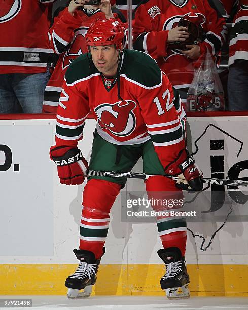 Brian Rolston of the New Jersey Devils skates against the Pittsburgh Penguins at the Prudential Center on March 17, 2010 in Newark, New Jersey.