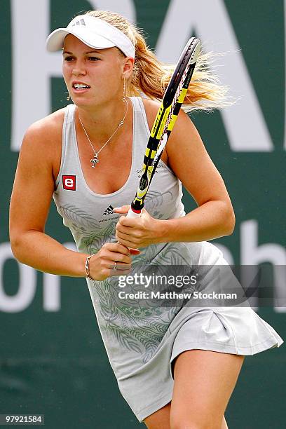 Caroline Wozniacki of Denmark plays Jelena Jankovic of Serbia the final of the BNP Paribas Open on March 21, 2010 at the Indian Wells Tennis Garden...