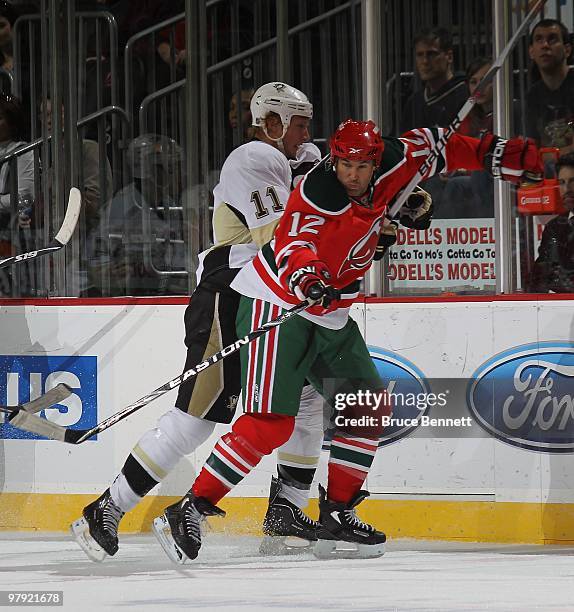 Brian Rolston of the New Jersey Devils skates against the Pittsburgh Penguins at the Prudential Center on March 17, 2010 in Newark, New Jersey.