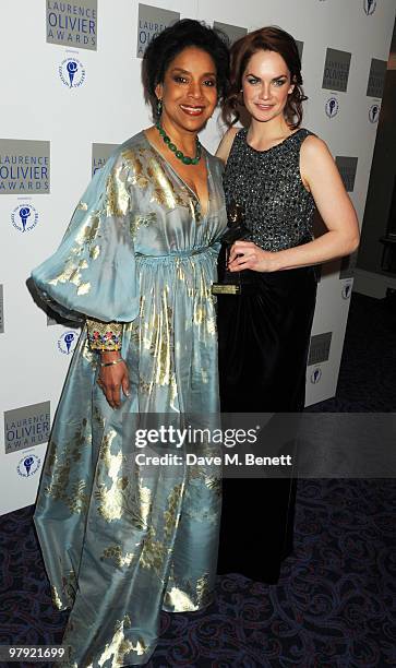 Ruth Wilson poses with the Best Supporting Actress Award presented by Phylicia Rashad during The Laurence Olivier Awards, at the Grosvenor House...