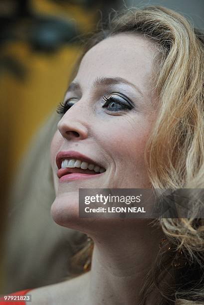 Anglo-American actress Gillian Anderson arrives at the Dorchester Hotel in central London ahead of the Laurence Olivier theatre awards on March 21,...