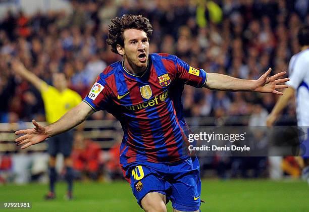 Lionel Messi of Barcelona celebrates after scoring during the La Liga match between Real Zaragoza and Barcelona at La Romareda stadium on March 21,...