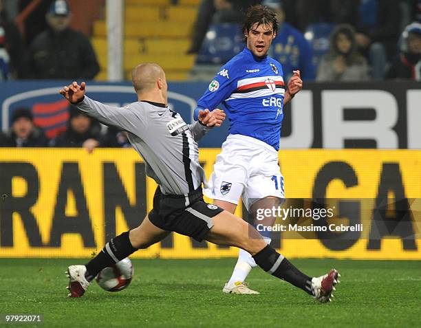 Andrea Poli of UC Sampdoria battles for the ball against Fabio Cannavaro of Juventus FC during the Serie A match between UC Sampdoria and Juventus FC...