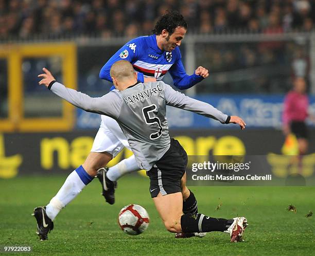 Gaimpaolo Pazzini of UC Sampdoria battles for the ball against Fabio Cannavaro of Juventus FC during the Serie A match between UC Sampdoria and...