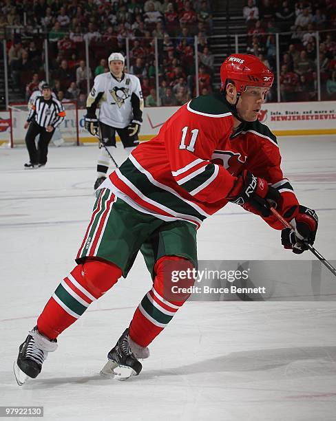 Dean McAmmond of the New Jersey Devils skates against the Pittsburgh Penguins at the Prudential Center on March 17, 2010 in Newark, New Jersey.