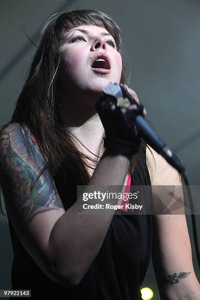 Alexis Krauss of Sleigh Bells perform onstage at the Levi's Fader Fort as part of SXSW 2010 on March 20, 2010 in Austin, Texas.