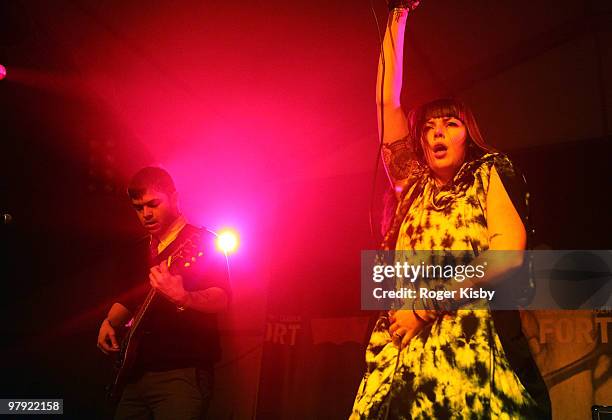 Alexis Krauss and Derek Miller of Sleigh Bells perform onstage at the Levi's Fader Fort as part of SXSW 2010 on March 20, 2010 in Austin, Texas.