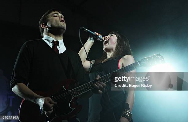 Alexis Krauss and Derek Miller of Sleigh Bells perform onstage at the Levi's Fader Fort as part of SXSW 2010 on March 20, 2010 in Austin, Texas.