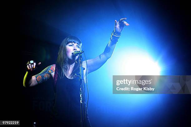Alexis Krauss of Sleigh Bells perform onstage at the Levi's Fader Fort as part of SXSW 2010 on March 20, 2010 in Austin, Texas.