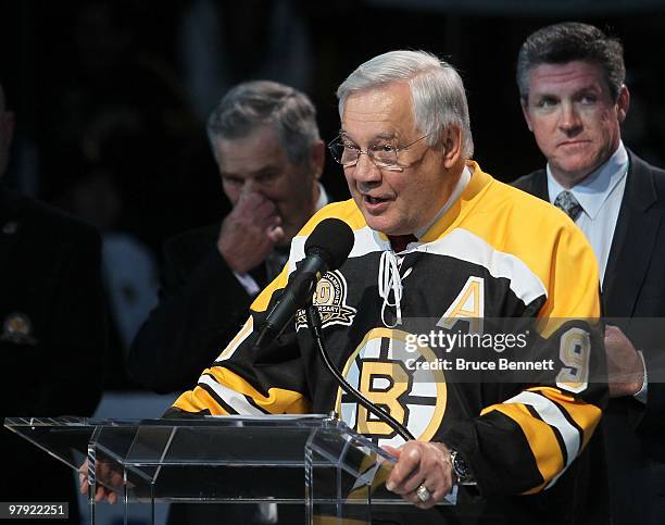 Johnny Bucyk takes part in a celebration honoring the 1970 Boston Bruin Championship team prior to the game between the Bruins and the Pittsburgh...